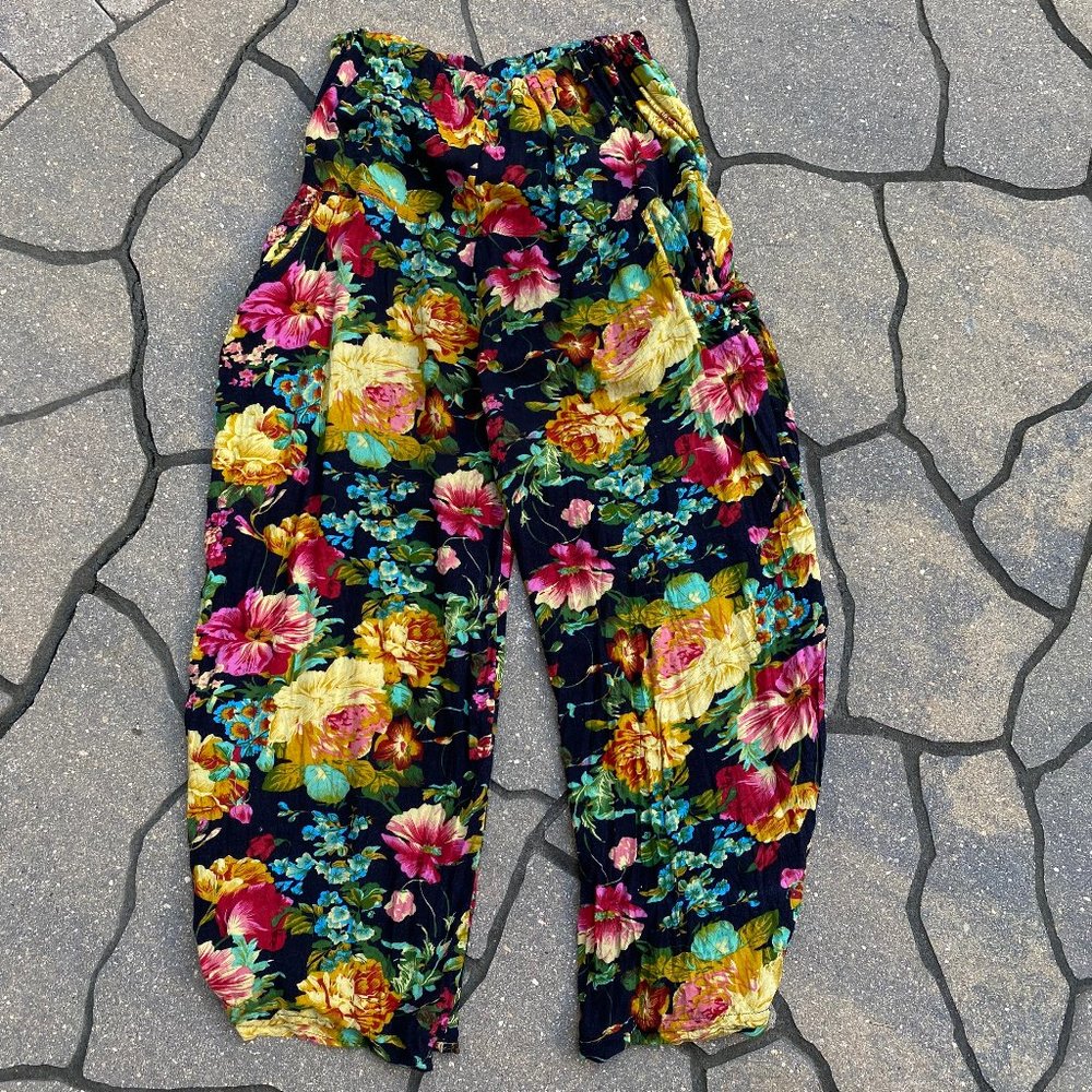 New York Handmade Flower Print Loose Boho Pant Trouser Flowy Retro Cotton Floral